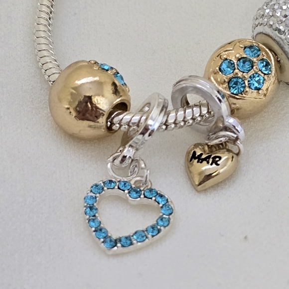 Landau Silver Gold Toned Blue Crystal March Birthstone Charm Heart Key Bracelet - Picture 5 of 8